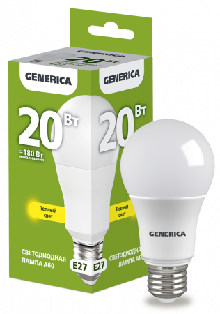 Лампа светодиодная A60 груша 20Вт 230В 3000К E27 GENERICA – №1