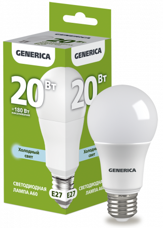 Лампа светодиодная A60 груша 20Вт 230В 6500К E27 GENERICA – №1