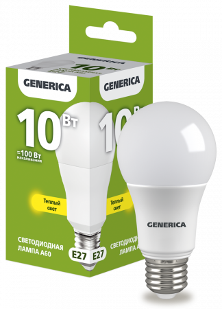 Лампа светодиодная A60 груша 10Вт 230В 3000К E27 GENERICA – №1